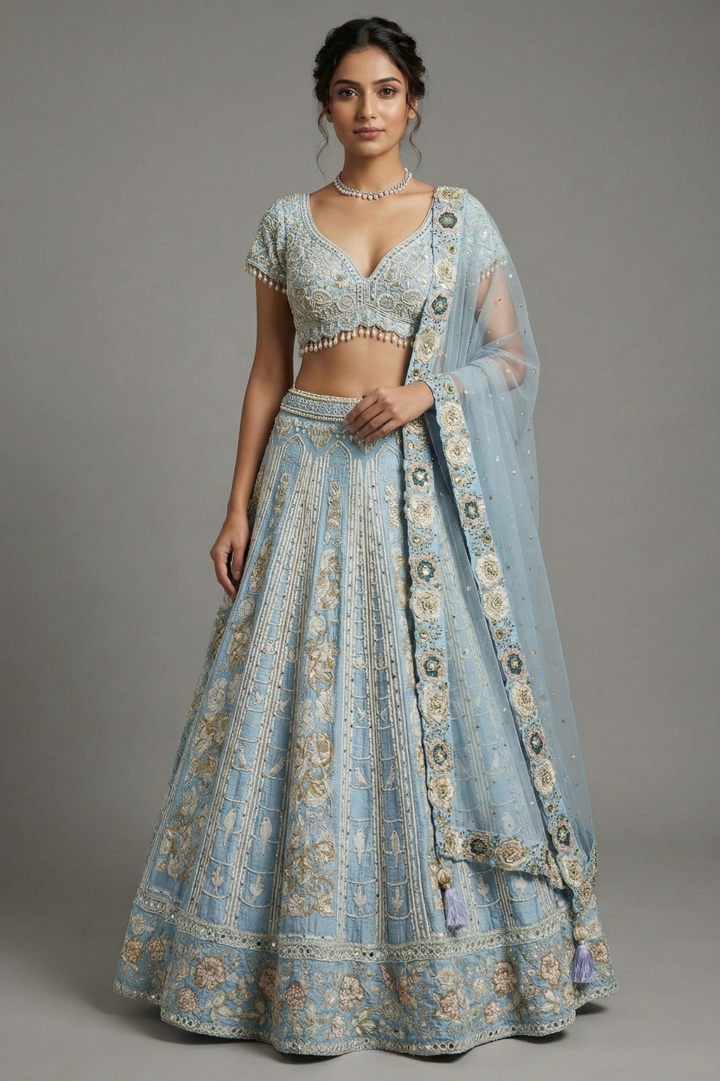 Light Blue Silk All Over Beaded and Mirror Worked Lehenga - blue silk saree