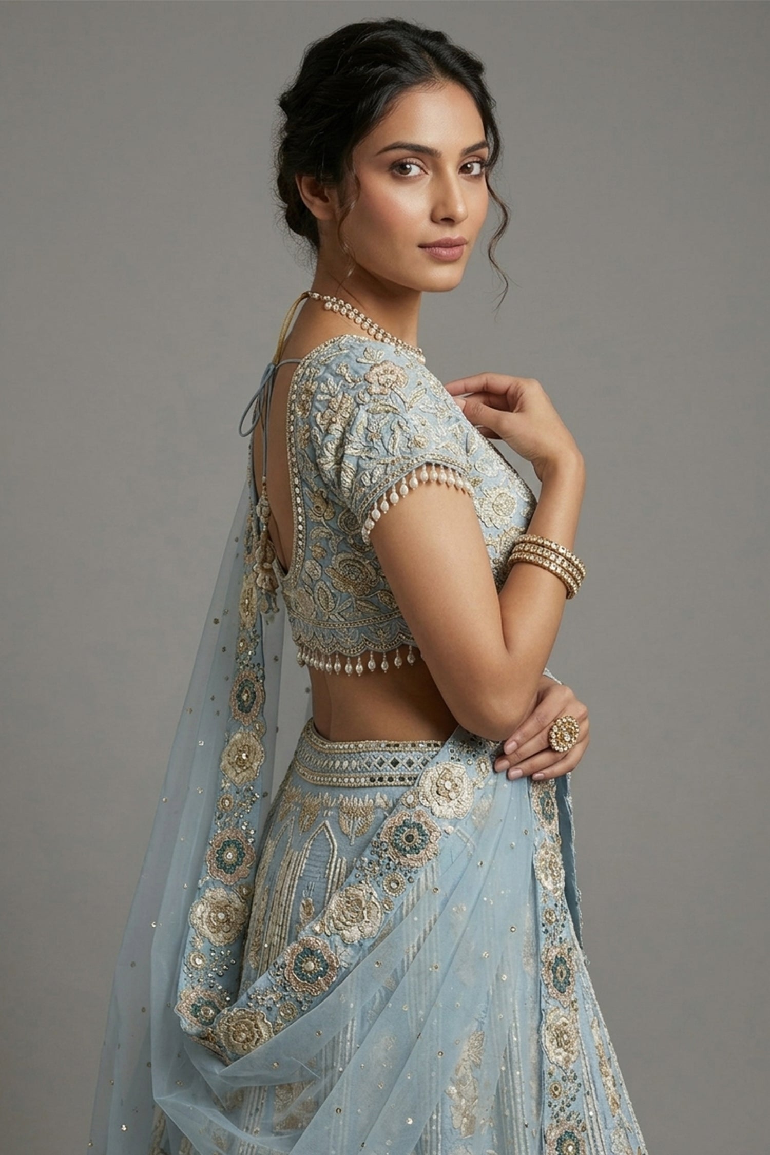 Light Blue Silk All Over Beaded and Mirror Worked Lehenga - blue silk saree