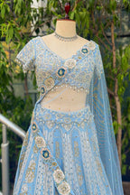 Light Blue Silk All Over Beaded and Mirror Worked Lehenga - blue silk saree