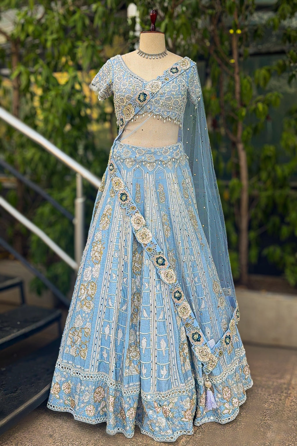 Light Blue Silk All Over Beaded and Mirror Worked Lehenga - blue silk saree