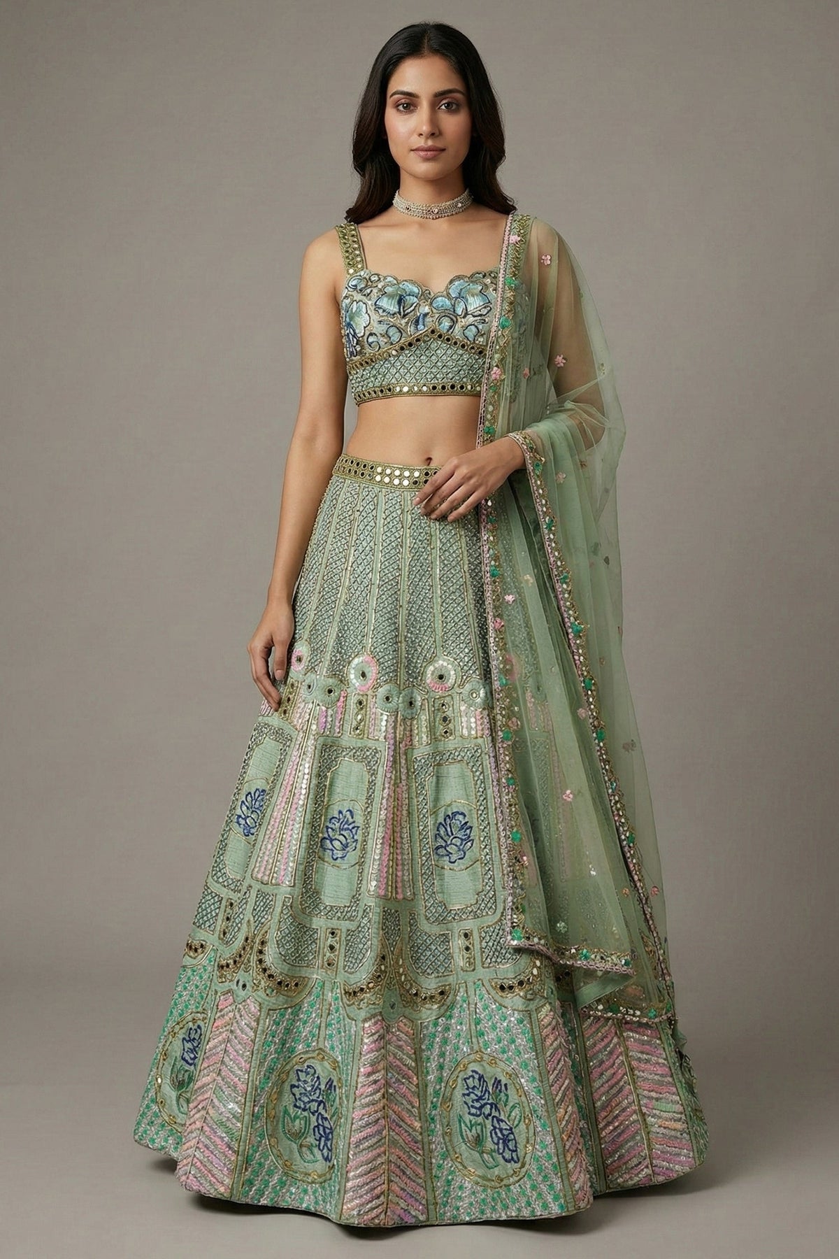 Pista Green Silk Sequin and Cutdana Worked Lehenga