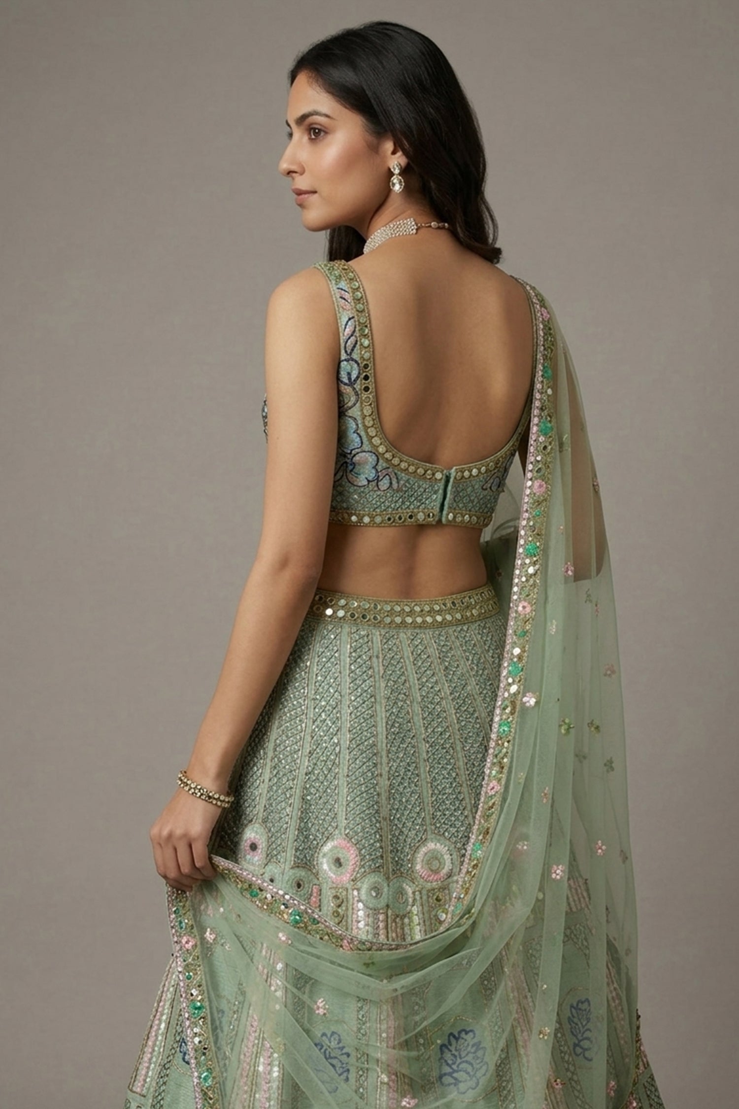 Pista Green Silk Sequin and Cutdana Worked Lehenga - green silk saree