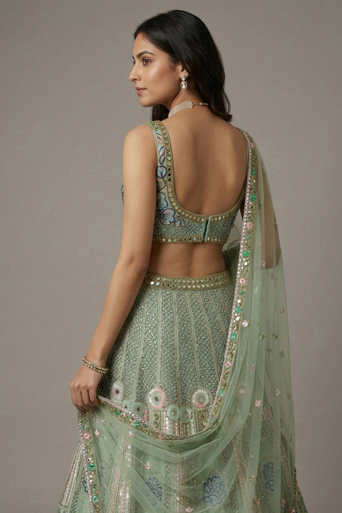 Pista Green Silk Sequin and Cutdana Worked Lehenga - green silk saree