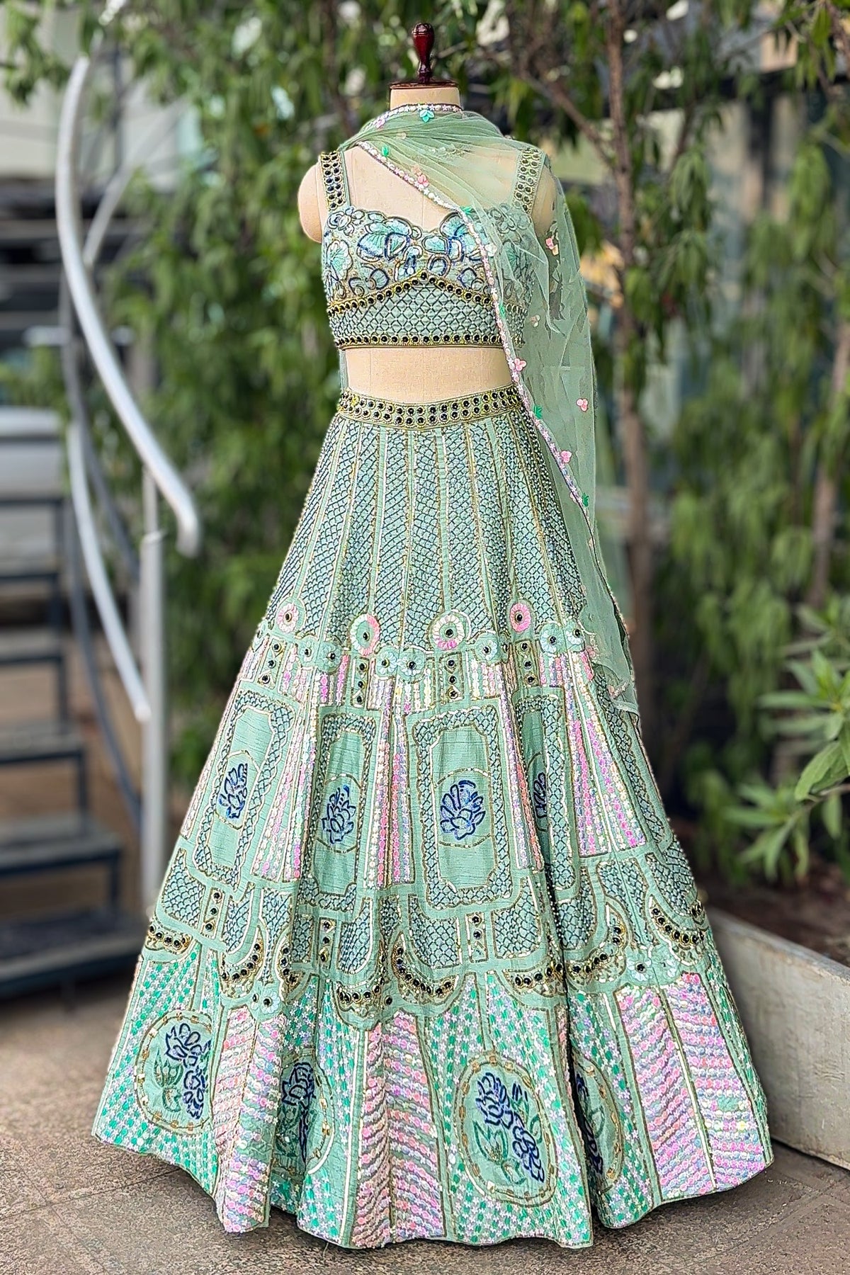 Pista Green Silk Sequin and Cutdana Worked Lehenga - green silk saree