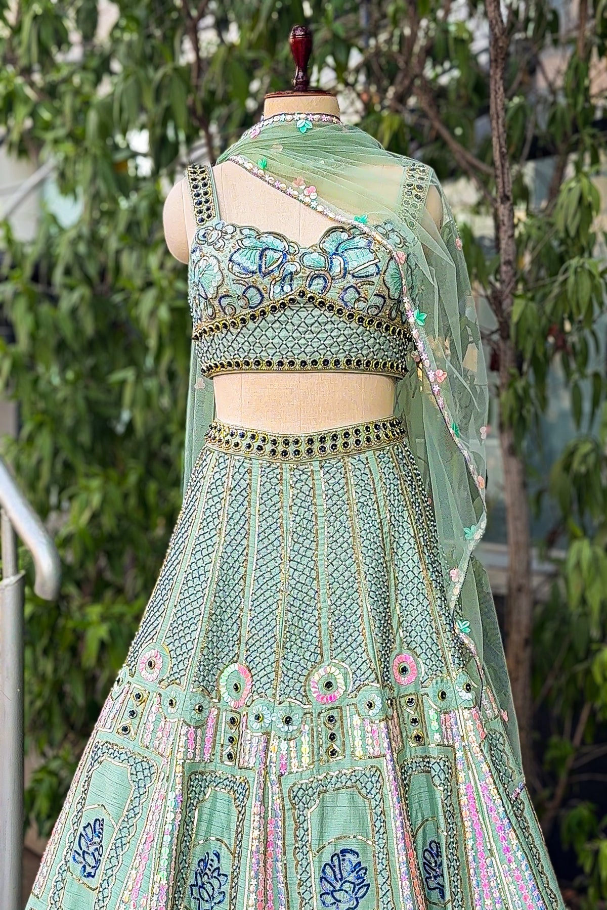 Pista Green Silk Sequin and Cutdana Worked Lehenga - green silk saree