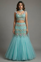Mint Blue Net Designer Sequinned and Beaded Work Fish Cut Lehenga - blue net saree