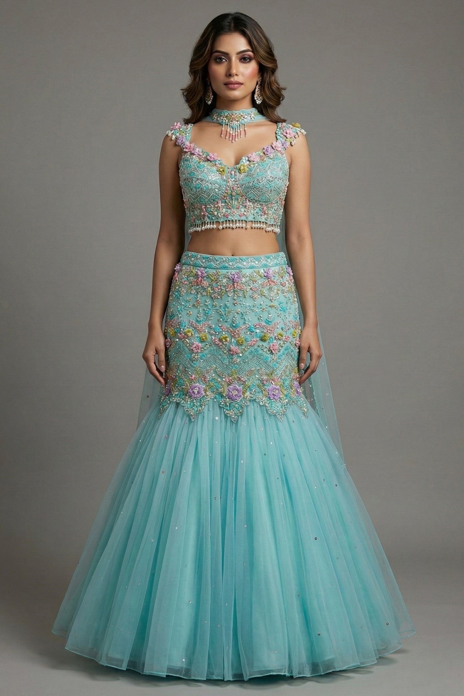 Mint Blue Net Designer Sequinned and Beaded Work Fish Cut Lehenga - blue net saree