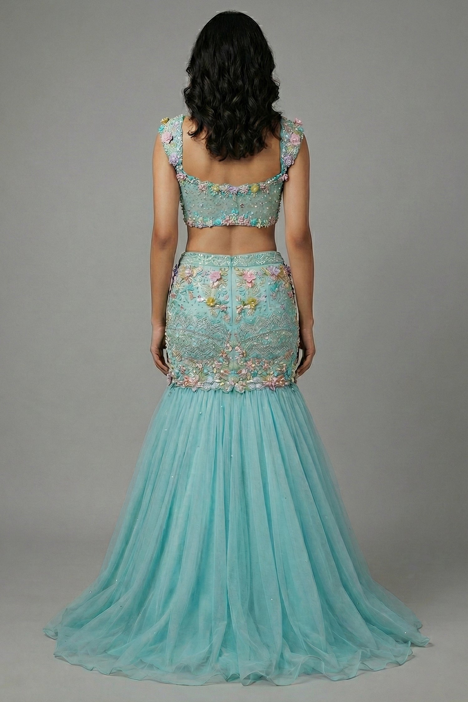 Mint Blue Net Designer Sequinned and Beaded Work Fish Cut Lehenga - blue net saree