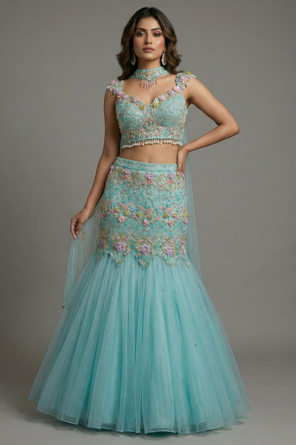 Mint Blue Net Designer Sequinned and Beaded Work Fish Cut Lehenga - blue net saree