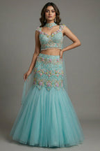 Mint Blue Net Designer Sequinned and Beaded Work Fish Cut Lehenga - blue net saree
