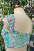 Mint Blue Net Designer Sequinned and Beaded Work Fish Cut Lehenga - blue net saree