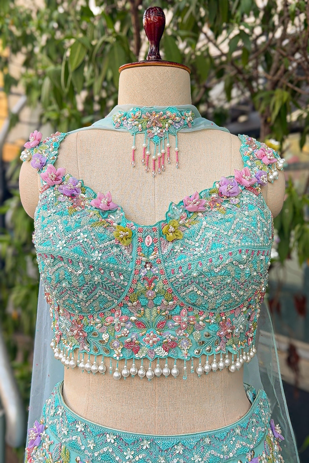 Mint Blue Net Designer Sequinned and Beaded Work Fish Cut Lehenga - blue net saree