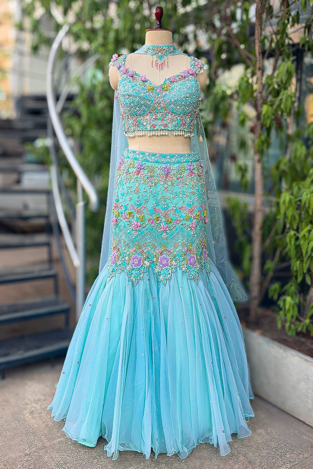 Mint Blue Net Designer Sequinned and Beaded Work Fish Cut Lehenga - blue net saree