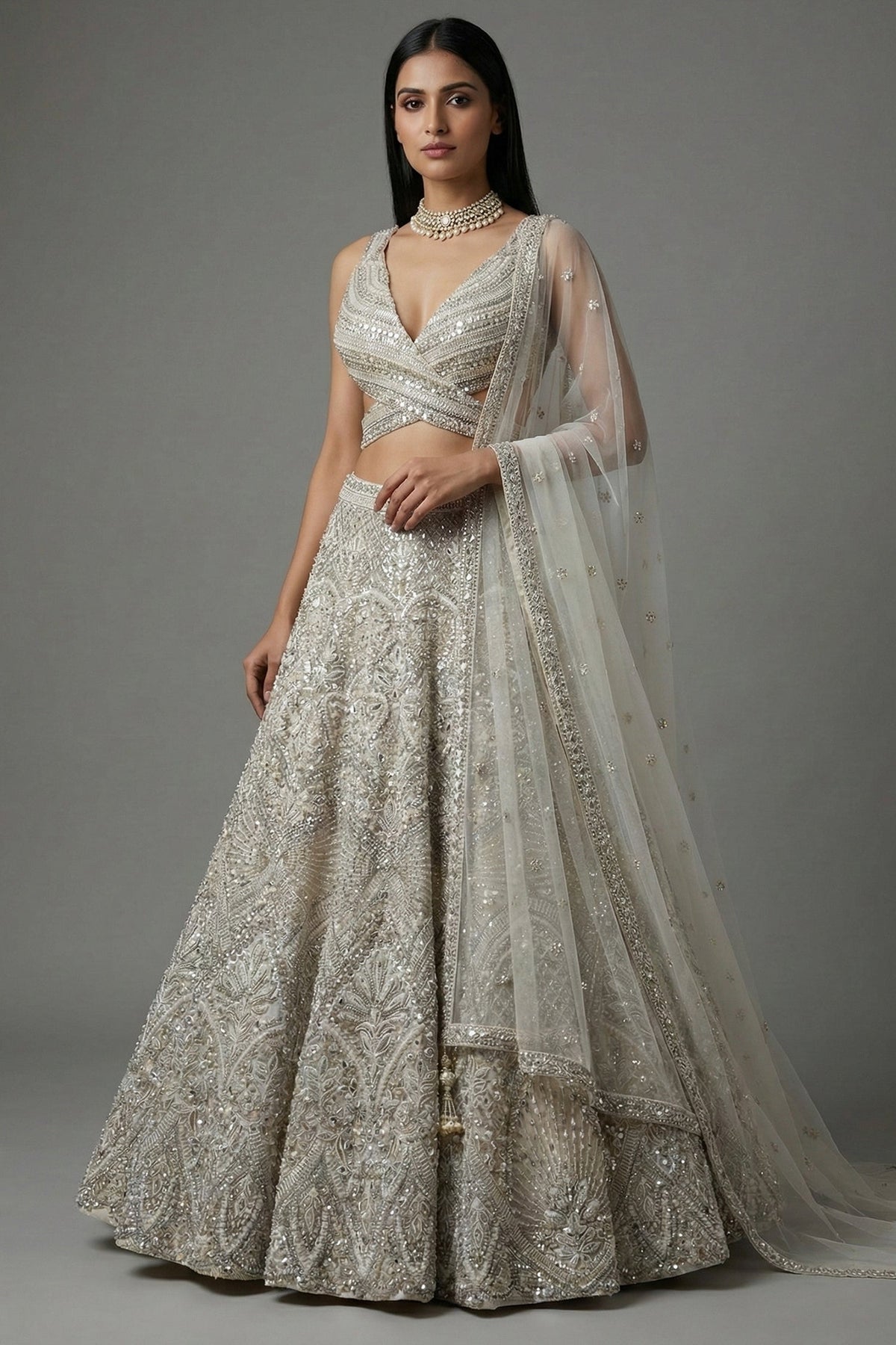 Ivory White Net Cutdana and Sequin Work Designer Lehenga with Warp Style Blouse