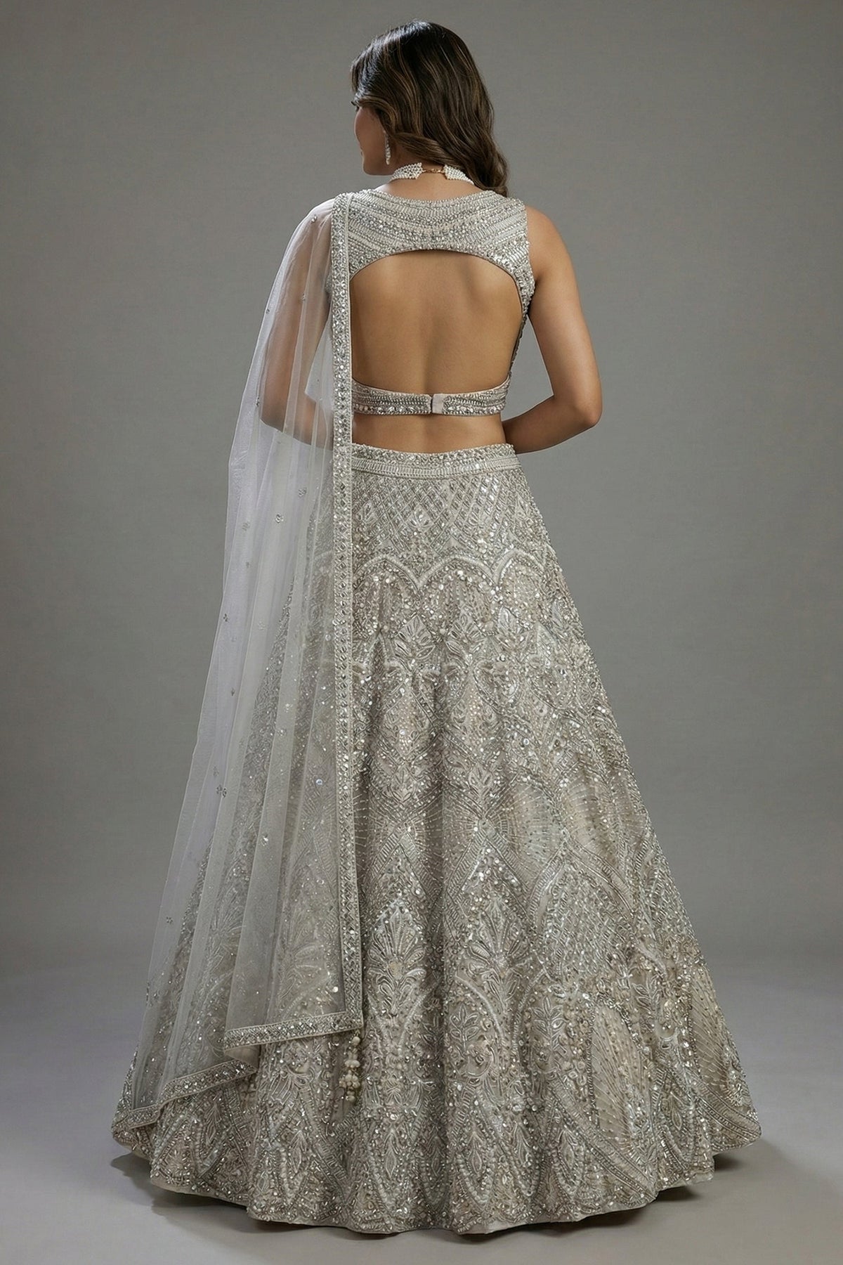 Ivory White Net Cutdana and Sequin Work Designer Lehenga with Warp Style Blouse - white net saree