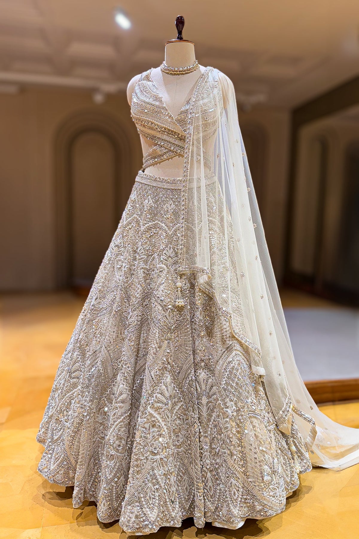 Ivory White Net Cutdana and Sequin Work Designer Lehenga with Warp Style Blouse - white net saree