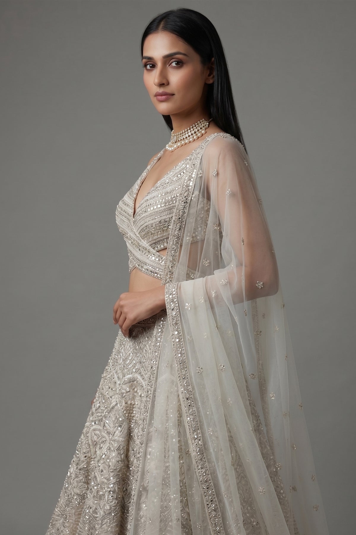 Ivory White Net Cutdana and Sequin Work Designer Lehenga with Warp Style Blouse - white net saree