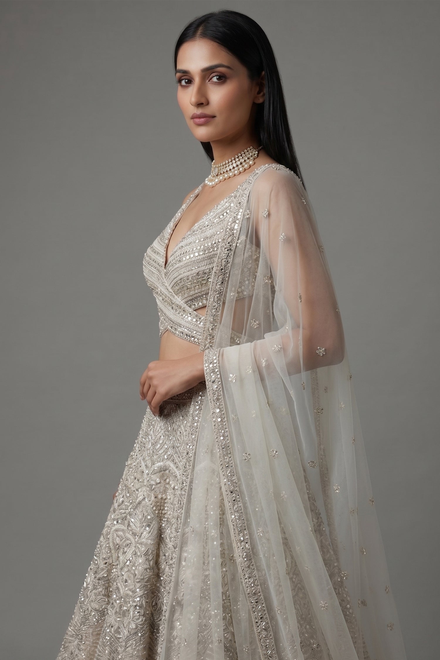 Ivory White Net Cutdana and Sequin Work Designer Lehenga with Warp Style Blouse - white net saree