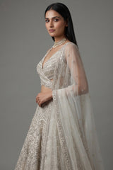 Ivory White Net Cutdana and Sequin Work Designer Lehenga with Warp Style Blouse - white net saree