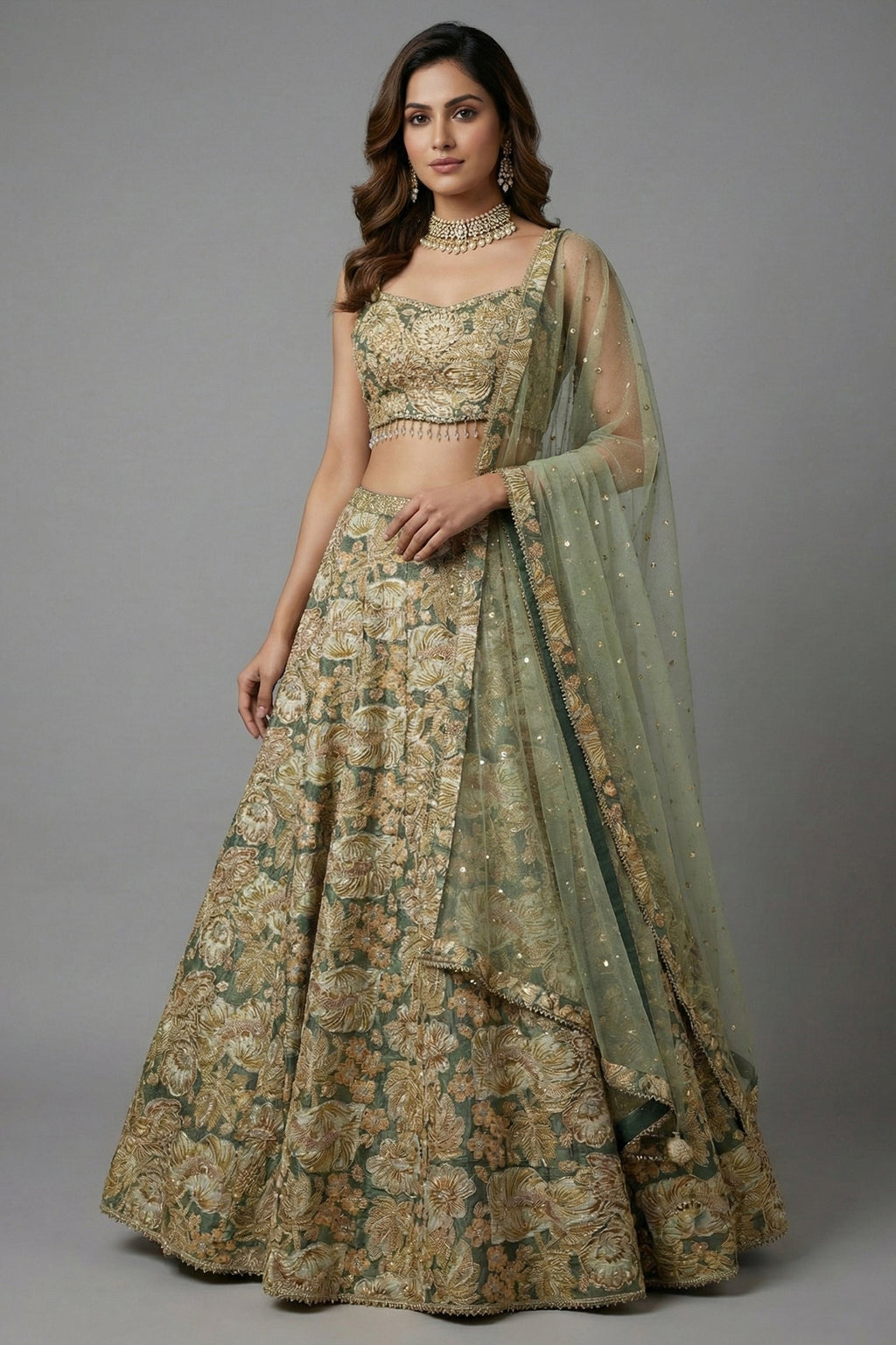 Green Tissue Organza Floral Printed Lehenga with Cutdana Sequin Work - green organza saree