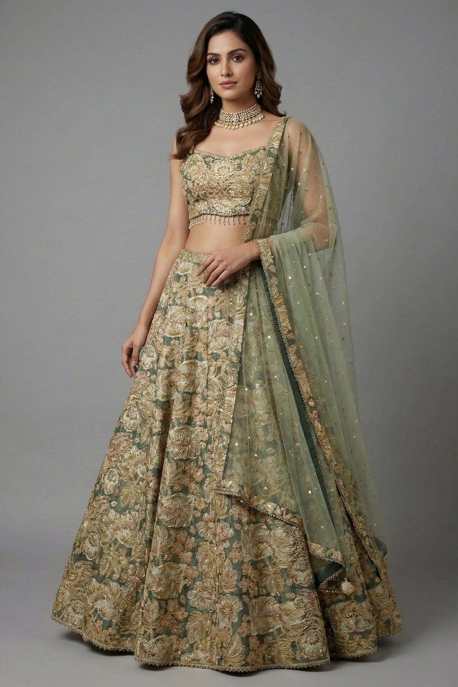Green Tissue Organza Floral Printed Lehenga with Cutdana Sequin Work - green organza saree