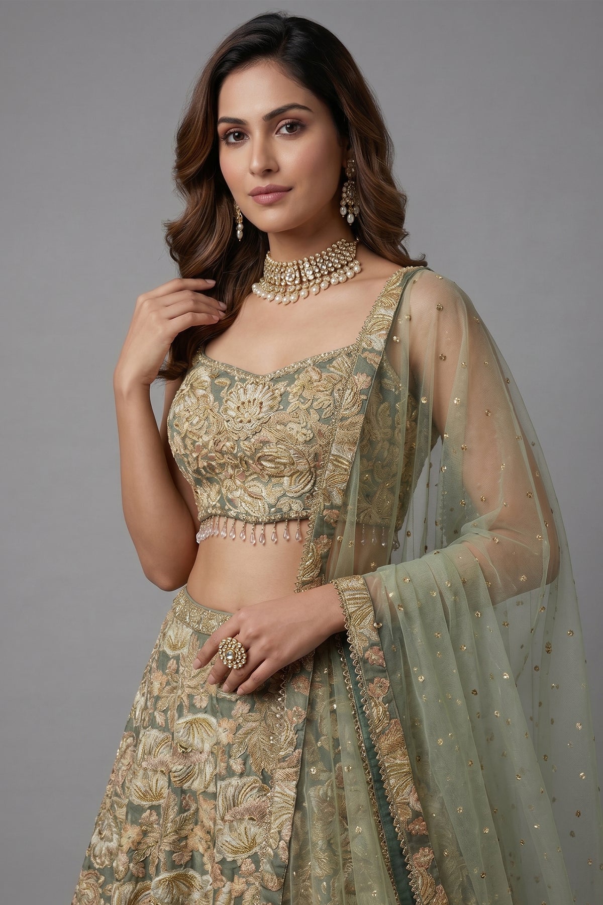 Green Tissue Organza Floral Printed Lehenga with Cutdana Sequin Work - green organza saree