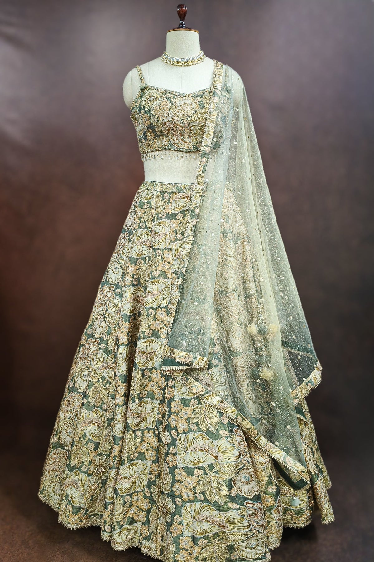 Green Tissue Organza Floral Printed Lehenga with Cutdana Sequin Work - green organza saree