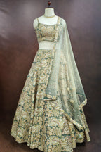 Green Tissue Organza Floral Printed Lehenga with Cutdana Sequin Work - green organza saree
