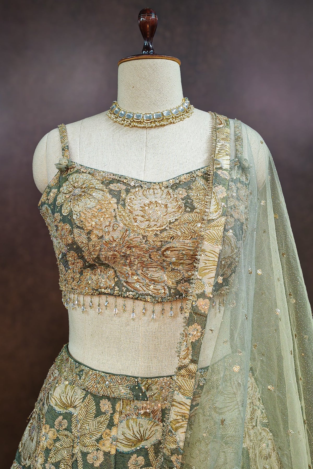 Green Tissue Organza Floral Printed Lehenga with Cutdana Sequin Work - green organza saree