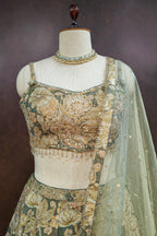 Green Tissue Organza Floral Printed Lehenga with Cutdana Sequin Work - green organza saree