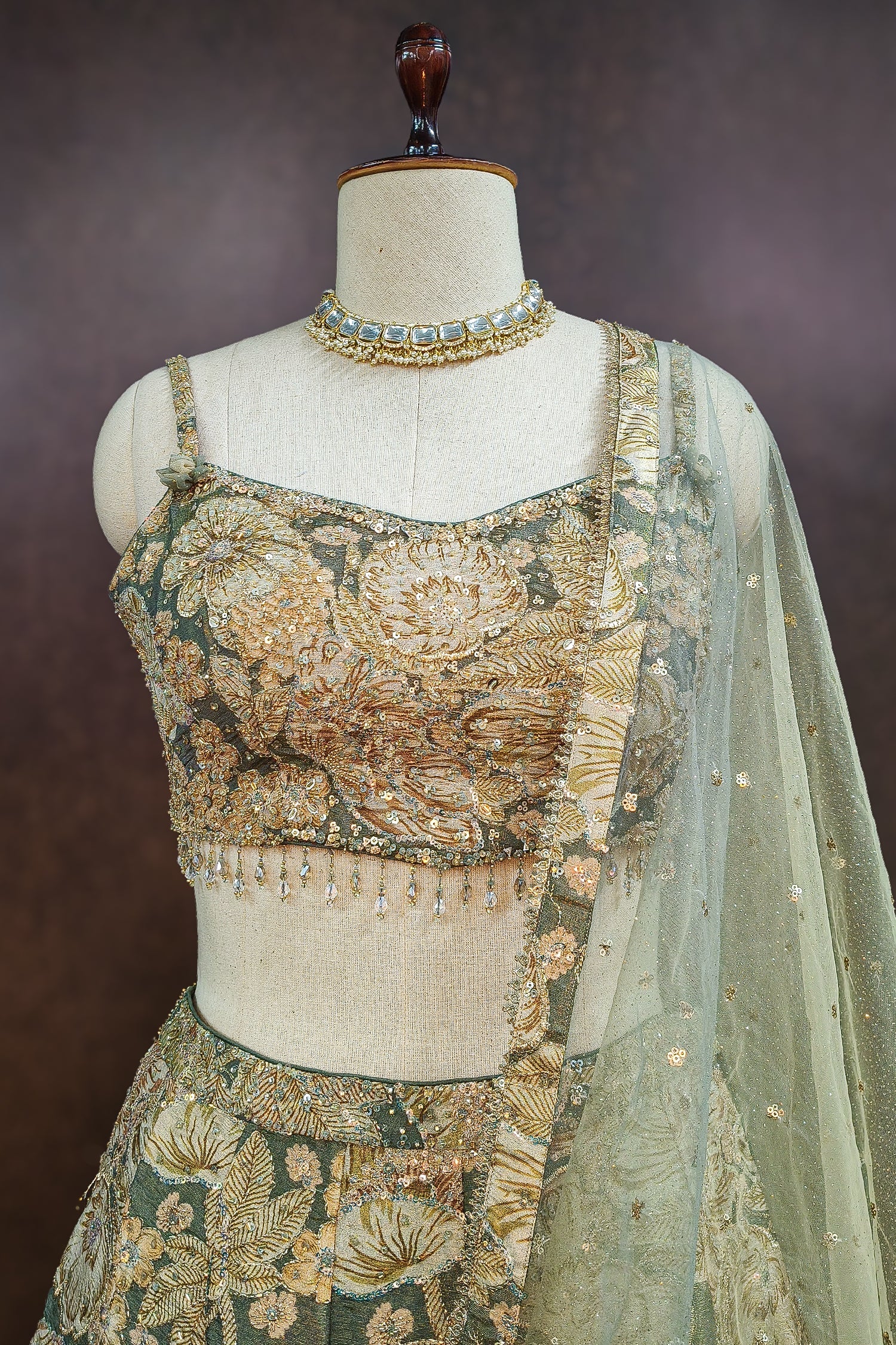 Green Tissue Organza Floral Printed Lehenga with Cutdana Sequin Work - green organza saree