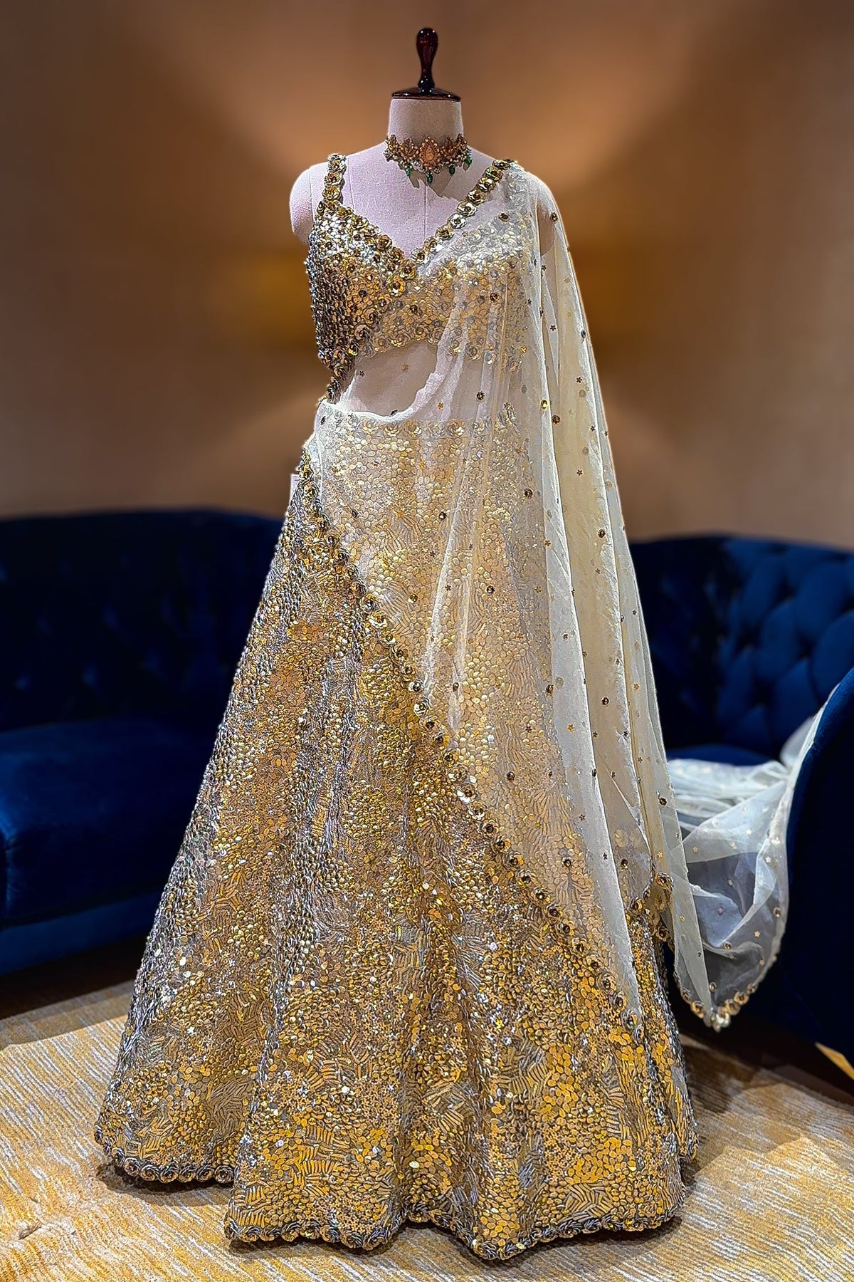 Golden Organza Designer Lehenga - gold organza saree