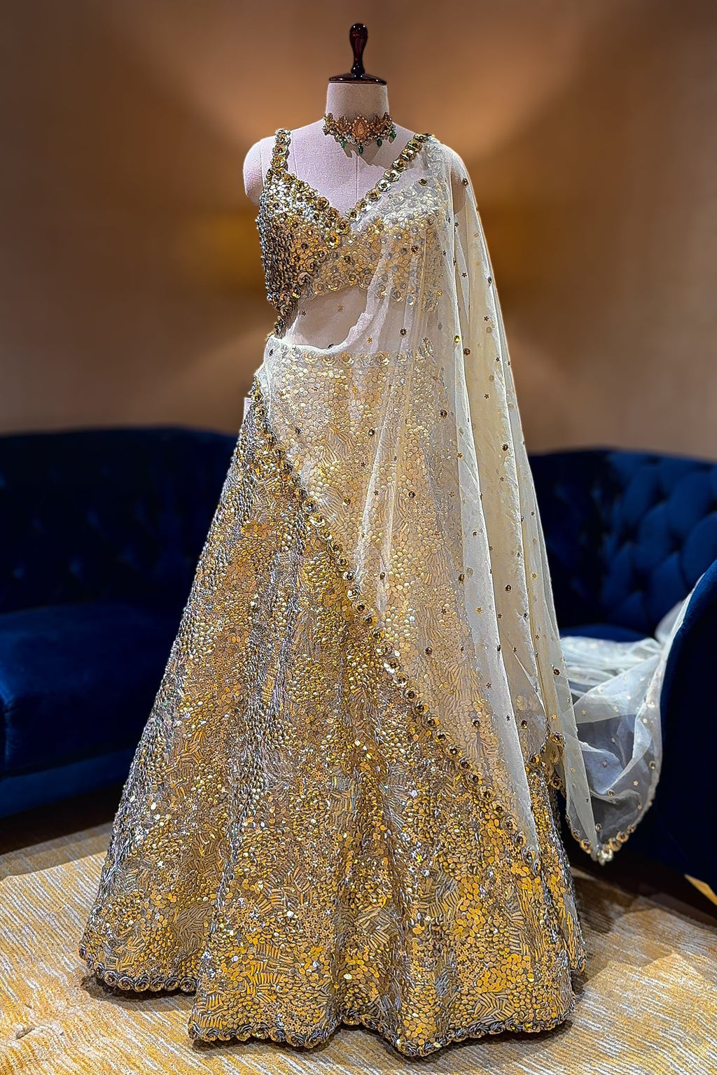 Golden Organza Designer Lehenga - gold organza saree