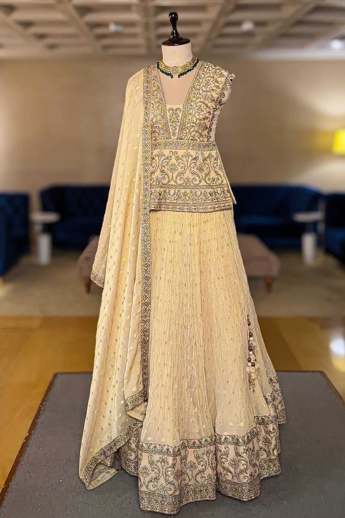 Cream Tissue Embroidered Lehenga Choli with Dupatta - red saree embroidered holi