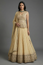 Cream Tissue Embroidered Lehenga Choli with Dupatta - red saree embroidered holi