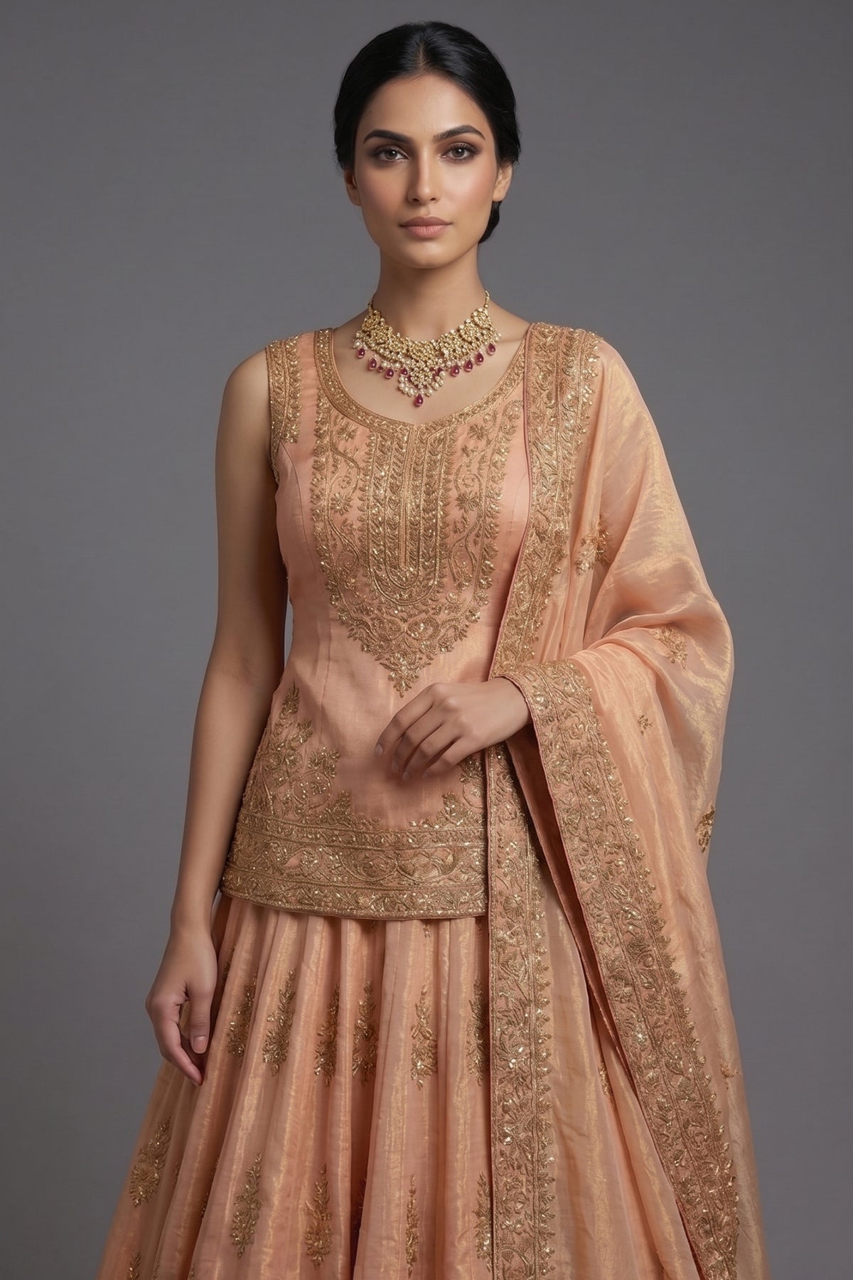 Blush Peach Tissue Embroidered Lehenga with Peplum Blouse - red saree embroidered