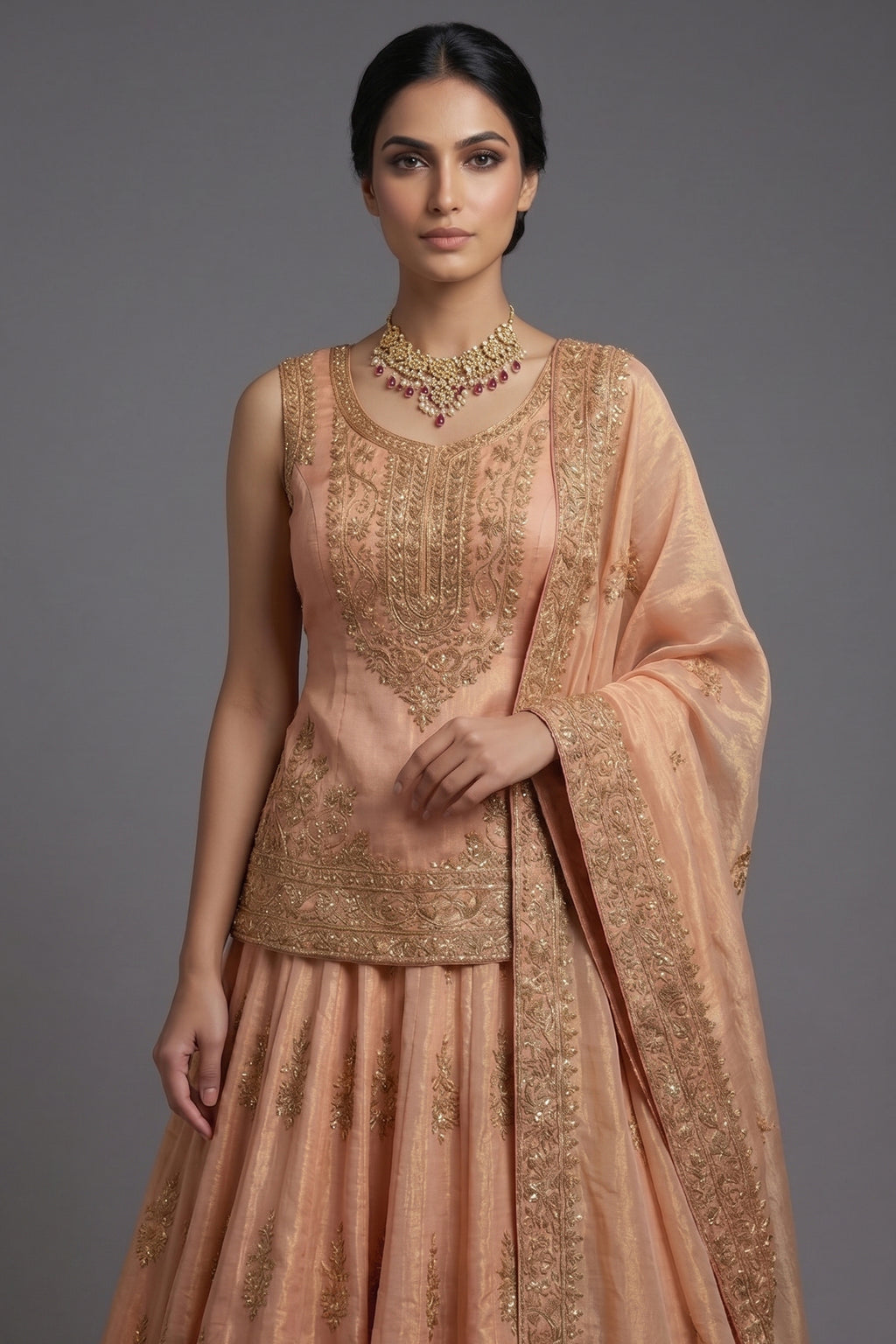 Blush Peach Tissue Embroidered Lehenga with Peplum Blouse - red saree embroidered