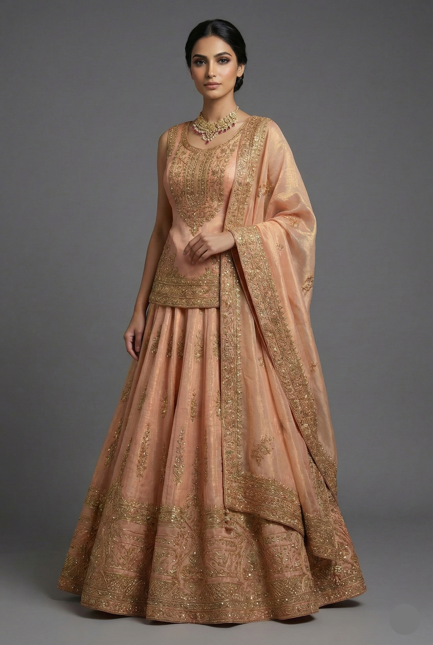 Blush Peach Tissue Embroidered Lehenga with Peplum Blouse - red saree embroidered Main image