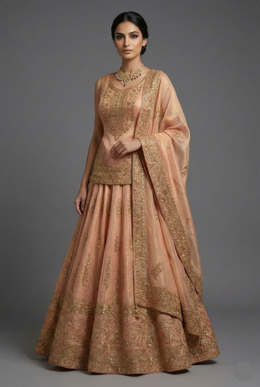 Blush Peach Tissue Embroidered Lehenga