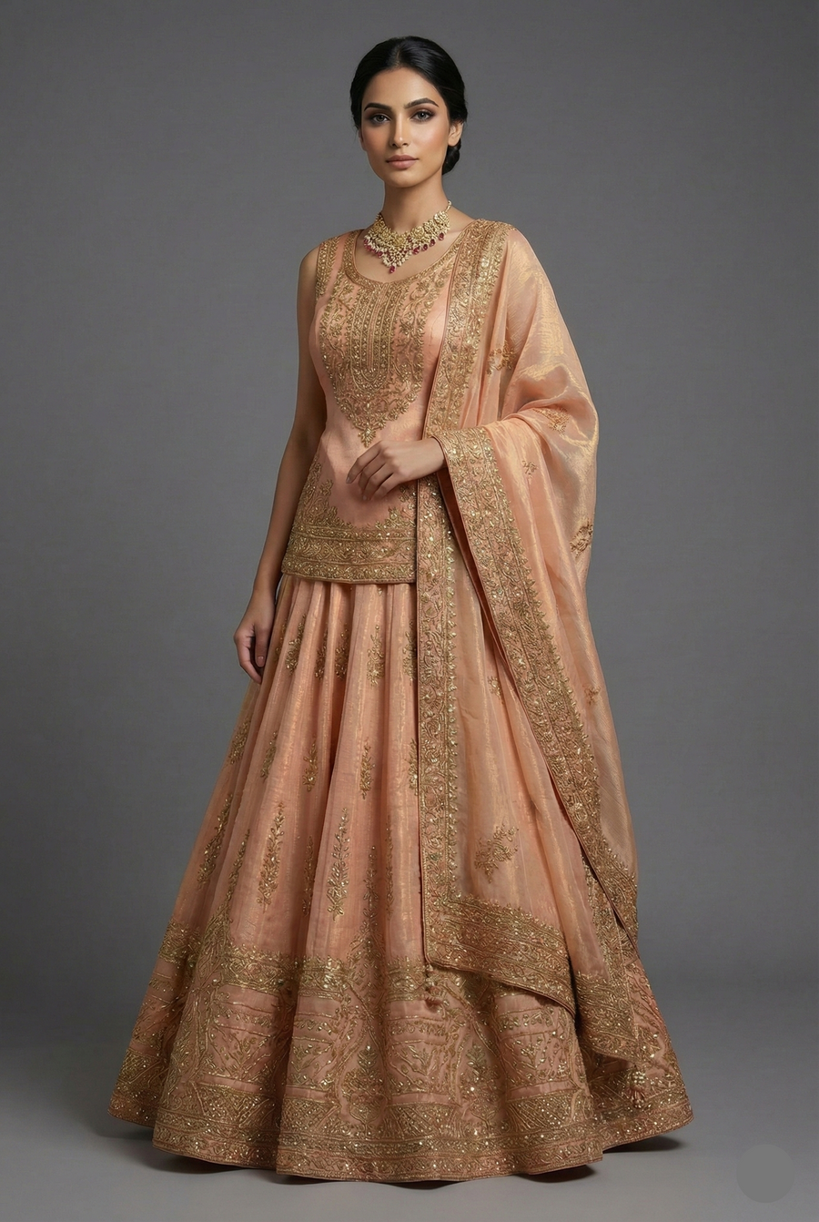 Blush Peach Tissue Embroidered Lehenga with Peplum Blouse - red saree embroidered