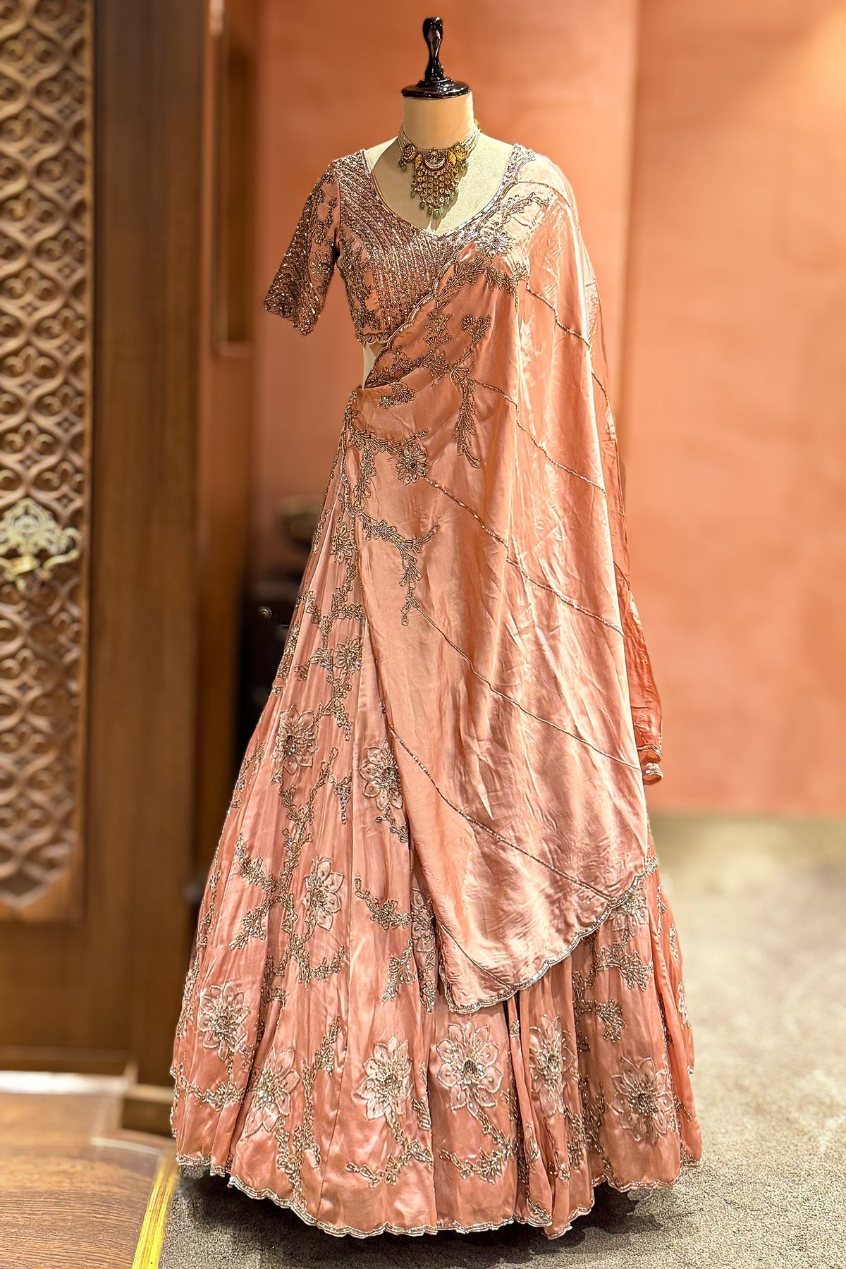 Pink Satin Silk Embroidered Designer Lehenga - red silk saree embroidered