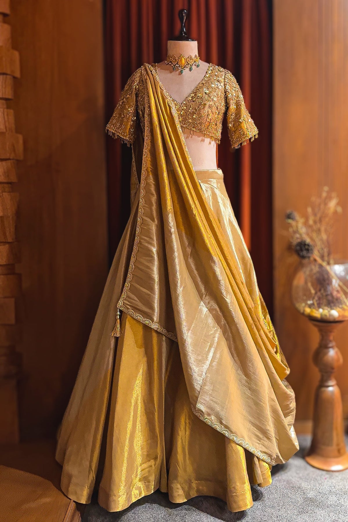 Golden Tissue Silk Plain Lehenga with Sequinned and Beaded Designer Blouse - gold silk saree