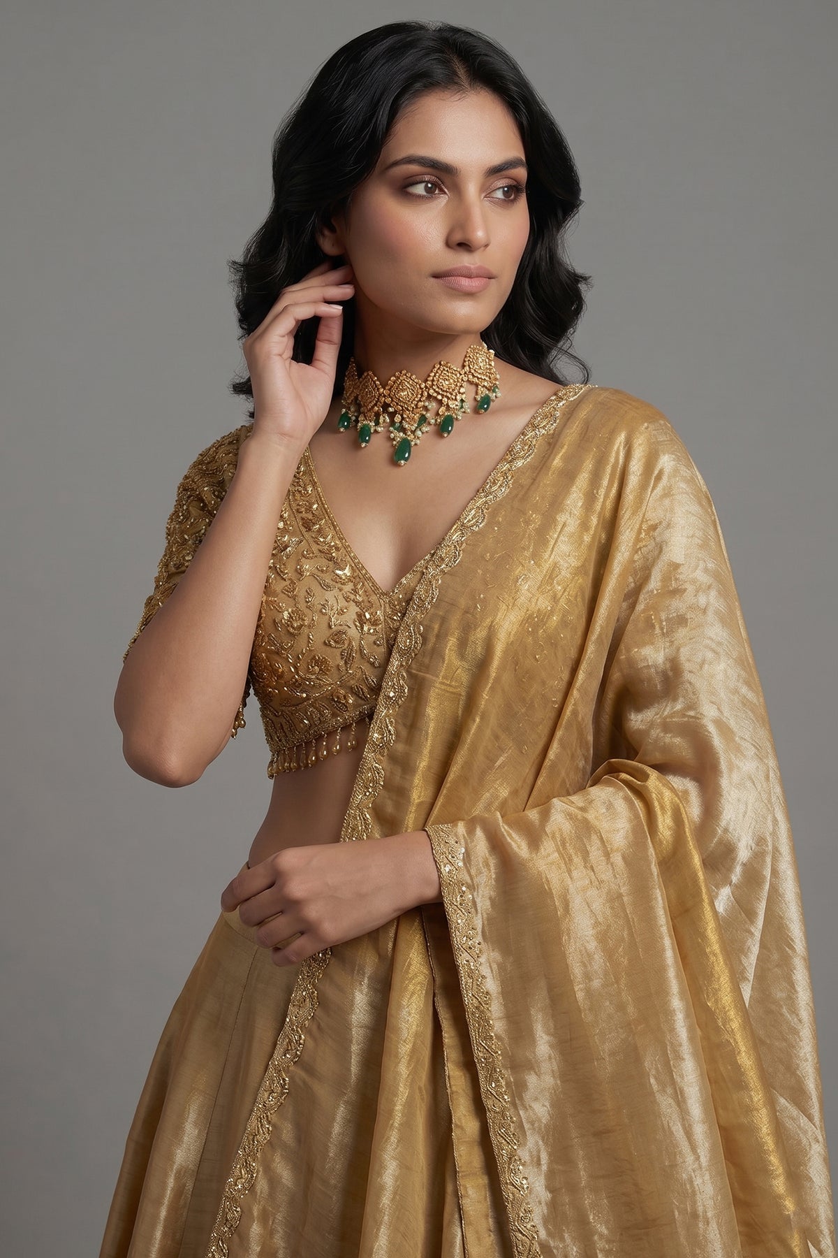Golden Tissue Silk Plain Lehenga with Sequinned and Beaded Designer Blouse - gold silk saree