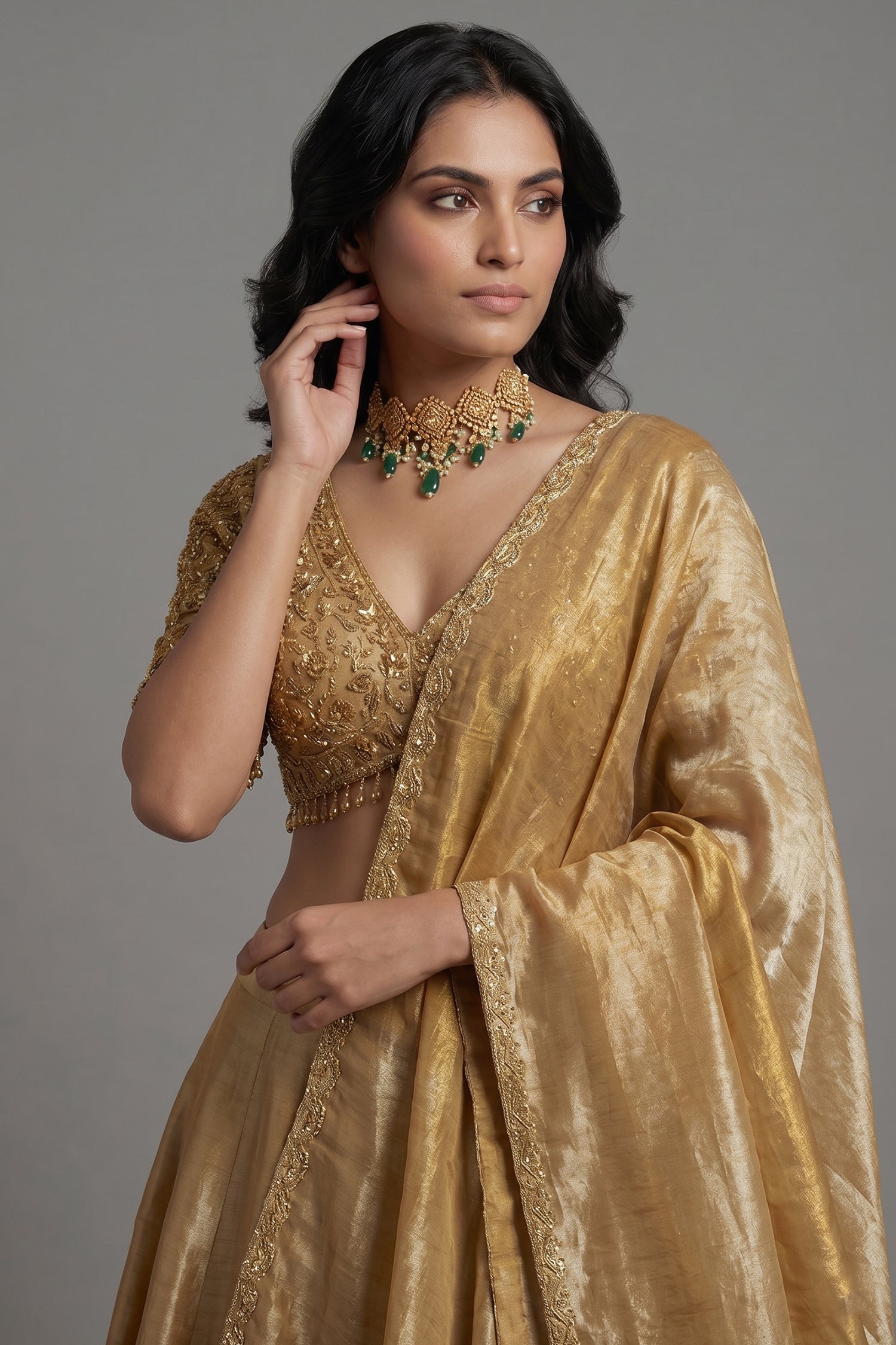 Golden Tissue Silk Plain Lehenga with Sequinned and Beaded Designer Blouse - gold silk saree