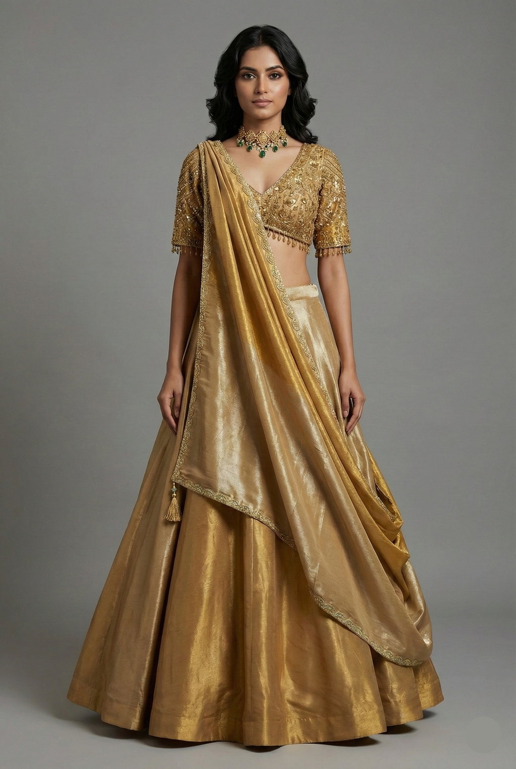 Golden Tissue Silk Plain Lehenga with Sequinned and Beaded Designer Blouse - gold silk saree