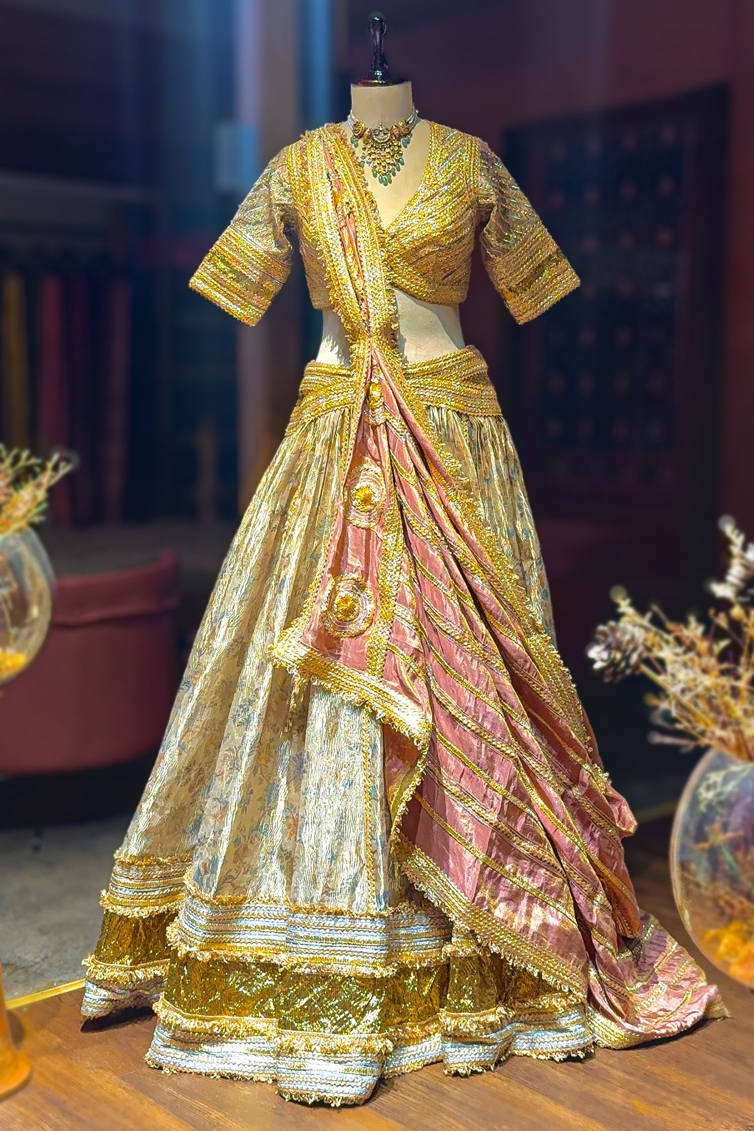 Golden Tissue Silk Plain Lehenga