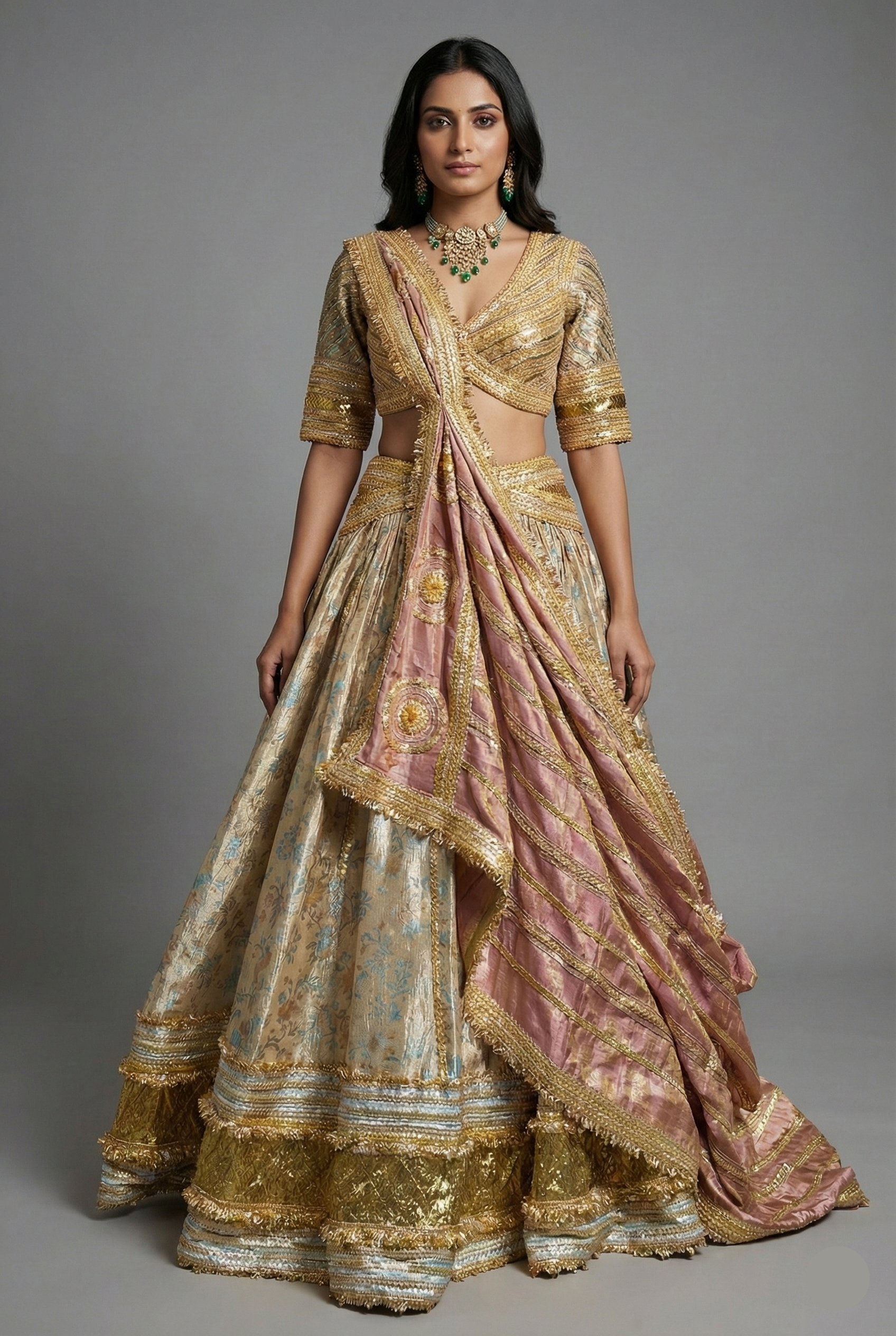 Golden Tissue Silk Plain Lehenga with Designer Blouse - gold silk saree