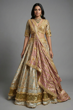Golden Tissue Silk Plain Lehenga with Designer Blouse - gold silk saree