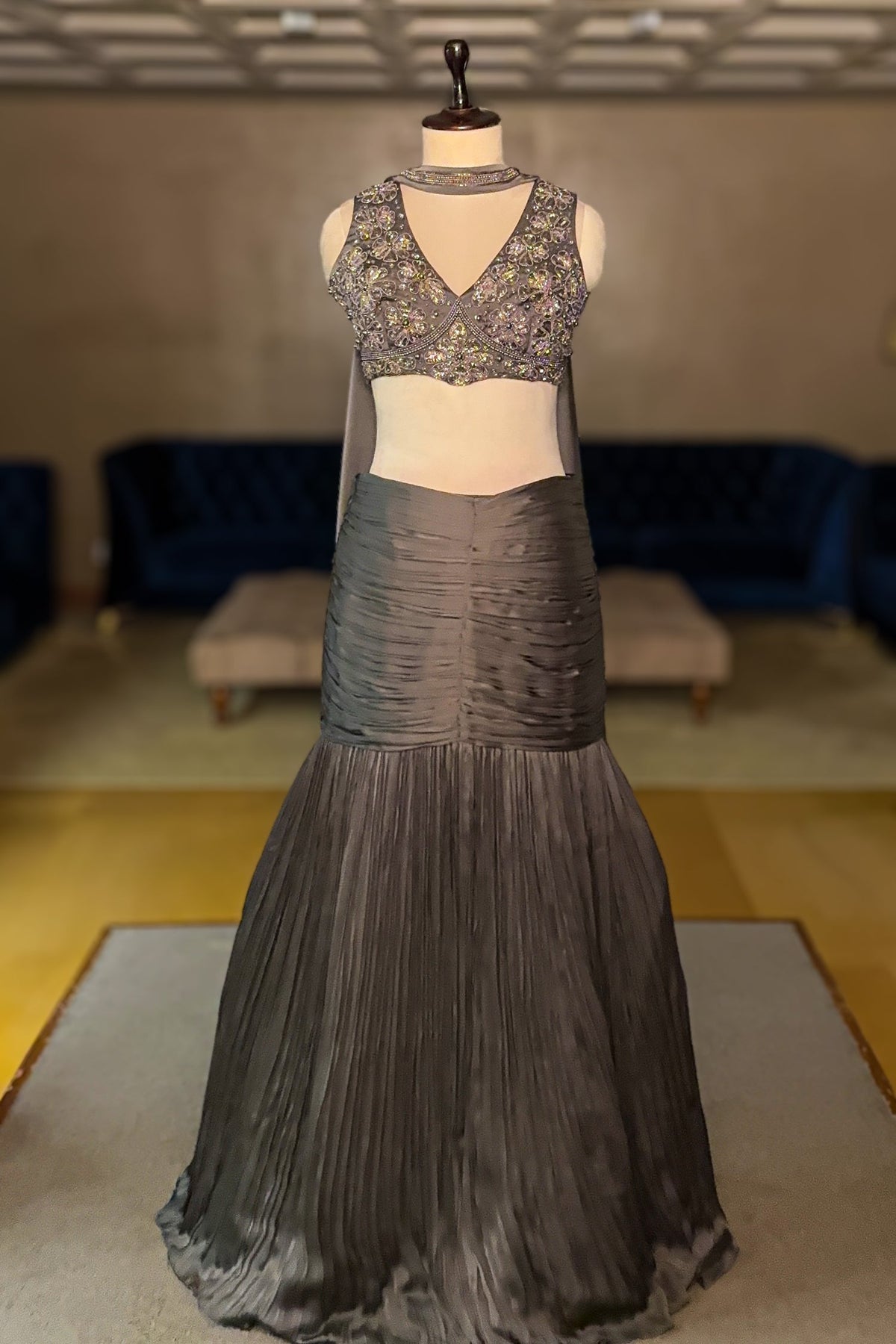 Opulent Gray Pleated Fish-Cut Lehenga with Designer Blouse