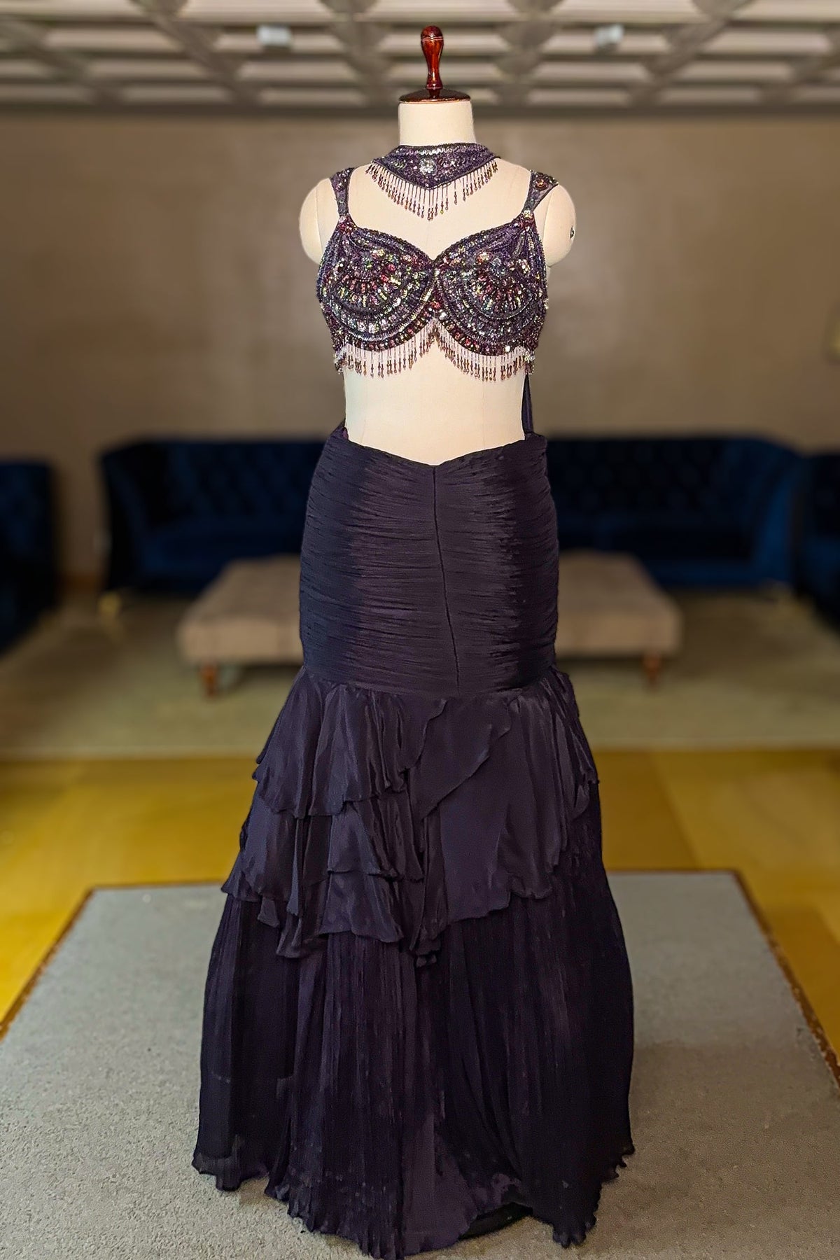 Purple Fish-Cut Ruffled Lehenga with Designer Blouse - purple saree